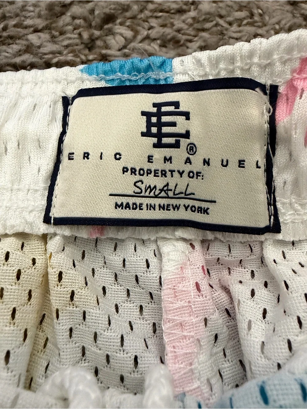 Eric Emanuel White Mesh Shorts with Pink Yellow and Blue Star Pattern